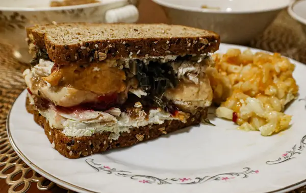 Completed Thanksgiving leftover turkey sandwich with the moist-maker from