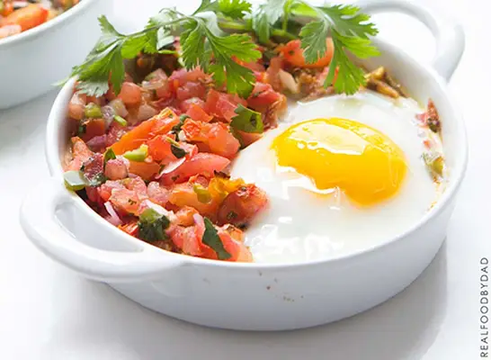 Baked Eggs with Shredded Chicken and Salsa
