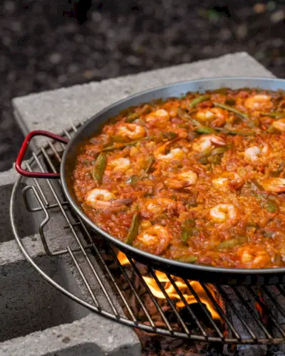Receita de paella de frutos do mar em fogo aberto | melhor panela de paella