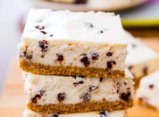 Skinny chocolate chip cheesecake bars recipe from Sally