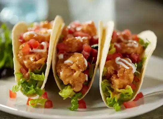 three Bang Bang Shrimp Tacos from Bonefish