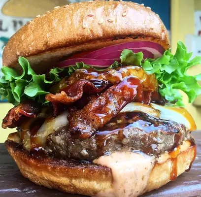 Closeup of a burger at Sylvester