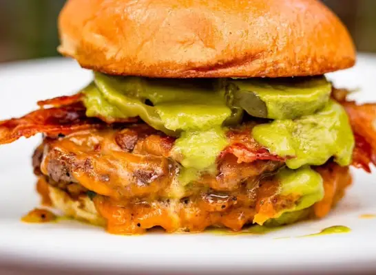 Closeup of the burger at the Baroness in Long Island City, N.Y.