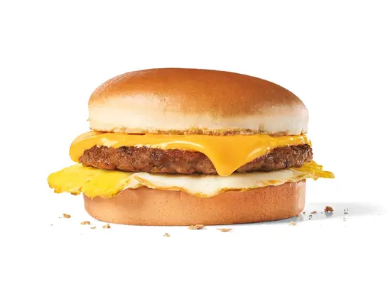 sausage breakfast sandwich on a white background