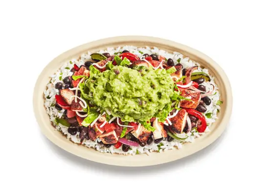 chipotle burrito bowl on a white background