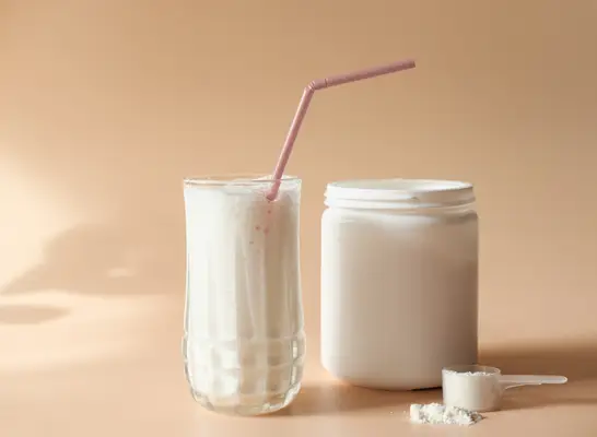 casein protein shake with powder next to it