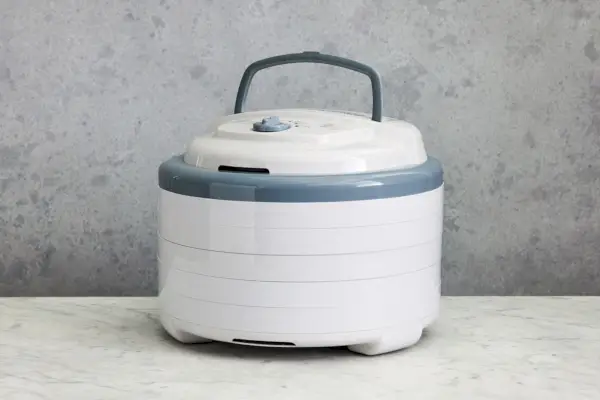 Femme testant le déshydrateur alimentaire Magic Mill MFD-7100 sur le comptoir à côté de déshydrateurs supplémentaires