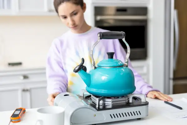 Persona che guarda il bollitore a fischio Le Creuset Classic seduto su un fornello
