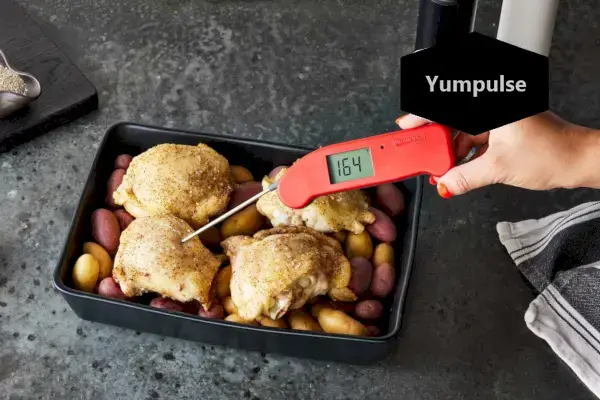 Person, die ThermoWorks Thermapen ONE verwendet, um die Temperatur von gebratenem Hähnchen und Kartoffeln zu überprüfen