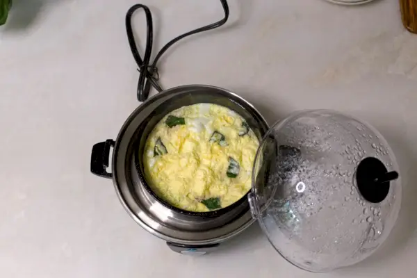 Dash Rapid Egg Cooker plněný směsí omelet