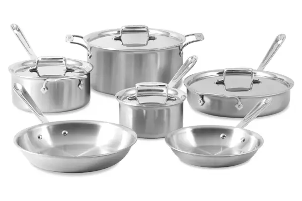 All-Clad D5 Batterie de cuisine en acier inoxydable brossé à 5 épaisseurs (lot de 10 pièces) Passe au four à induction, au gril, aux casseroles et poêles 600 F, argent