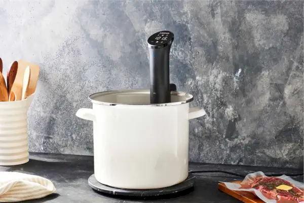 Anova Culinary Precision Cooker Nano im Topf neben ungekochtem Fleisch