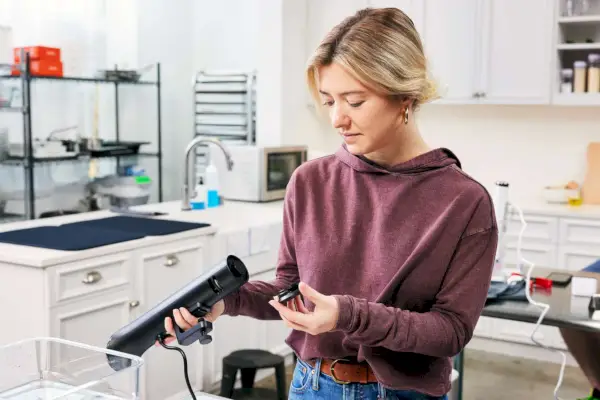 Frau hält den Anova Culinary Precision Cooker Nano in der Hand und betrachtet ihn