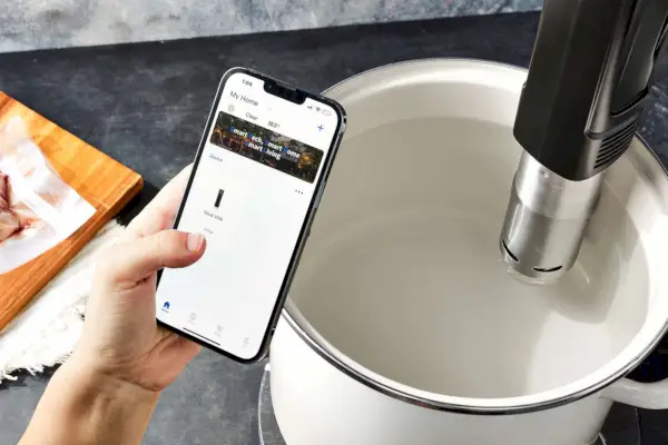 Person mit Smartphone vor dem Inkbird Sous Vide Precision Cooker ISV-100W