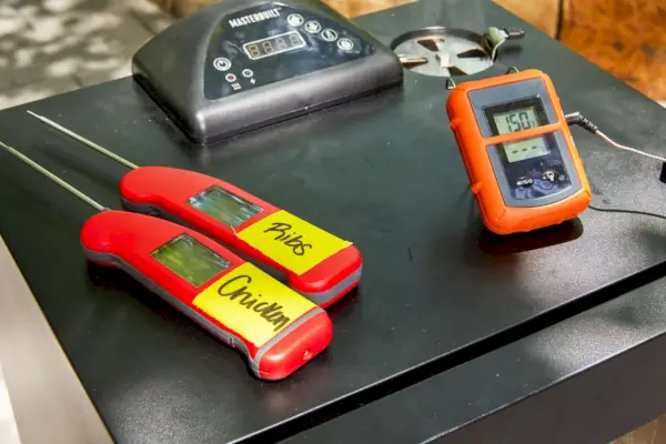 La température de la viande est vérifiée pendant la cuisson à l'intérieur du fumoir électrique numérique Masterbuilt de 40 pouces (MB20072918).