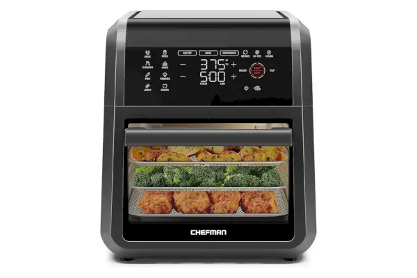Amazon Chefman Air Fryer Piekarnik - 12-kwartalny piekarnik z rożnem 6 w 1 i odwadniaczem, 12 ustawień wstępnych z cyfrowym timerem i ekranem dotykowym, rodzinny piekarnik konwekcyjny Airfryer w rozmiarze XL, na blacie, części można myć w zmywarce, czarny