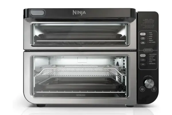 Amazon Ninja DCT401 Podwójny piekarnik 12 w 1 z drzwiami FlexDoor, uszczelką FlavourSeal i inteligentnym wykończeniem, szybką konwekcją u góry i smażeniem na dole z powietrzem, pieczeniem, pieczeniem, tostami, smażeniem na powietrzu, pizzą i nie tylko, stal nierdzewna