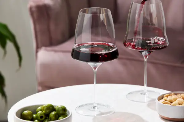 테이블 위에 바인더 옆에 늘어선 세 개의 Glasvin Universal Wine Glass