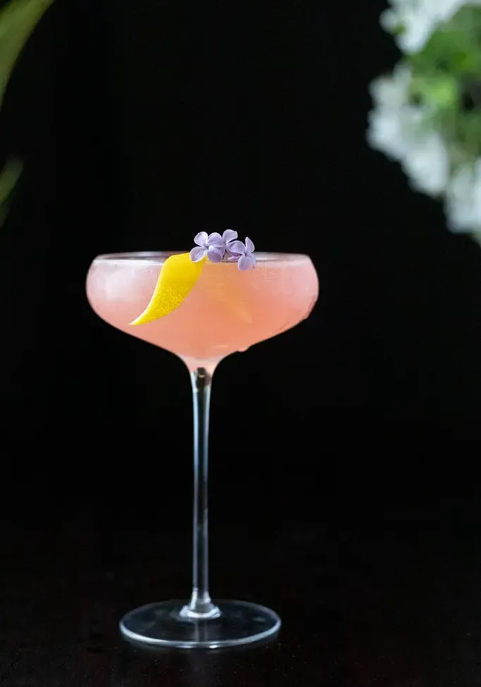 Cóctel rosa pálido sobre fondo negro con guarnición de pequeñas flores lilas moradas y un toque de limón' title=