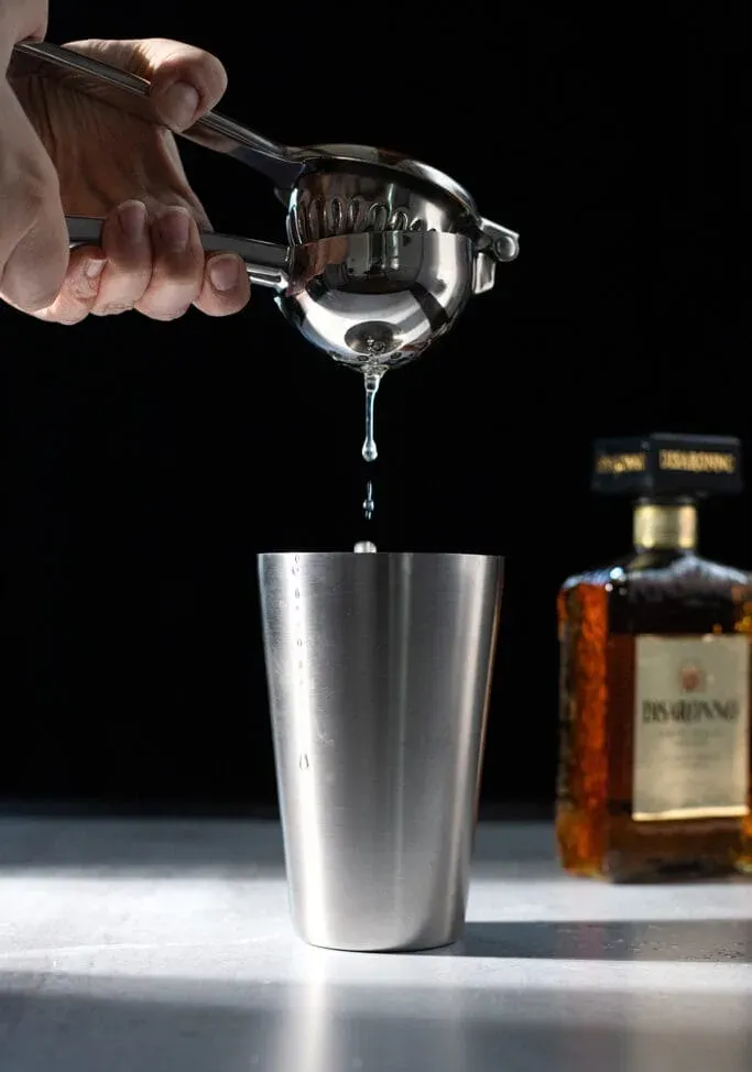 un presse-agrumes portatif qui presse un citron dans un shaker.' loading='lazy' title=