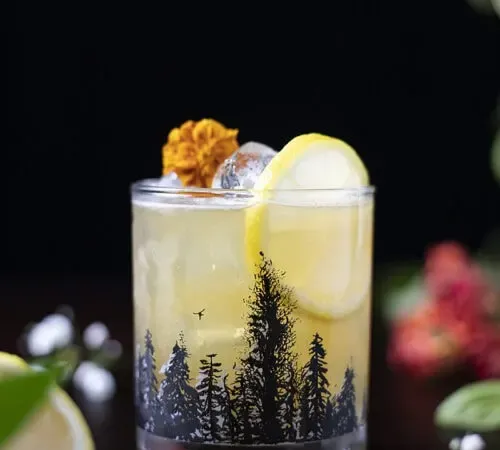 קוקטייל צהוב בזכוכית סלעים עם צלליות שחורות של עצי אורן חרוטות על זכוכית' title=