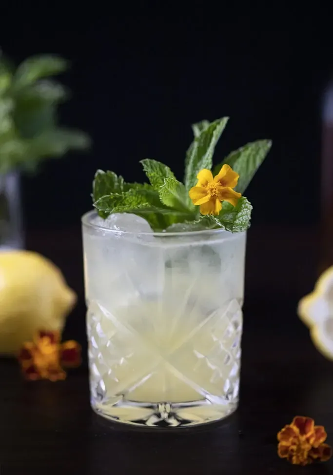 Gelber Cocktail in einem Steinglas mit Minze und einer gelben Blume' title=