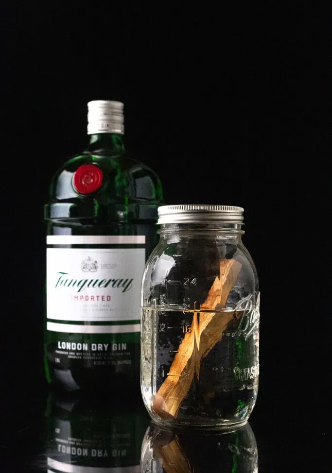 láhev Tanqueray Gin vedle zednické nádoby naplněné ginem a tyčinkou z březového dřeva.' title=