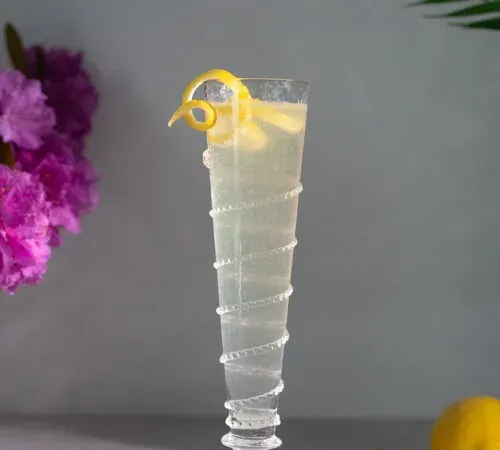 Copa alta llena de cóctel de vino espumoso y un toque de limón.' title=