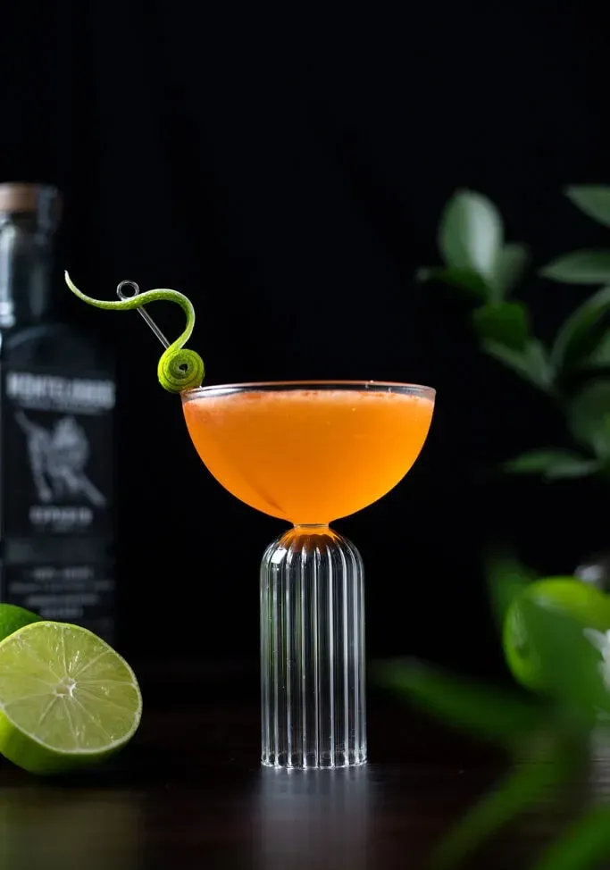 pomarańczowy koktajl Naked and Famous w kieliszku coupe z fantazyjnym dodatkiem skórki limonki.' title=