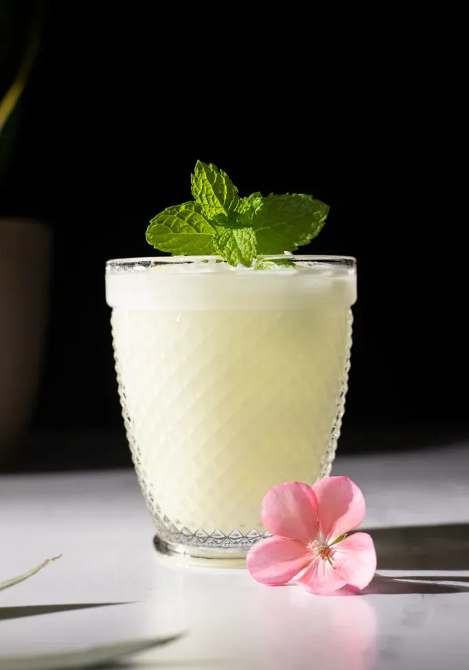 primo piano di bevanda bianca in bicchiere lowball con menta.' title=
