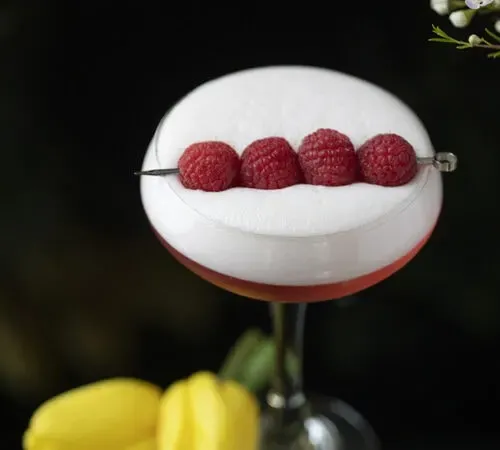 Roter Cocktail mit dicker weißer Schaumkrone und Himbeeren zum Garnieren' title=