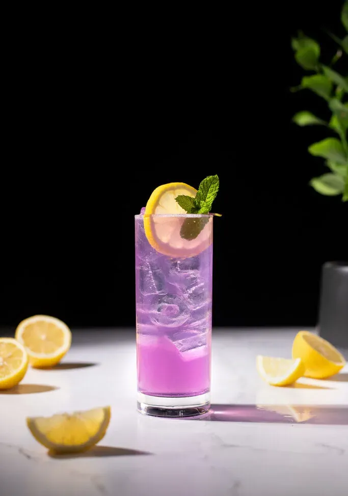 vysoký fialový nápoj ozdobený kolieskom citróna a vetvičkou mäty.' title=