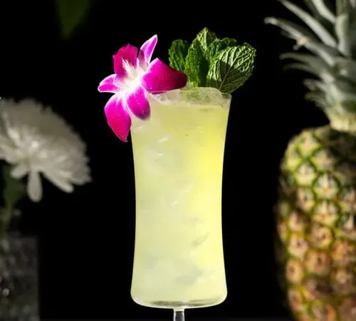 cocktail tropicale in un bicchiere da uragano con un'orchidea.' title=