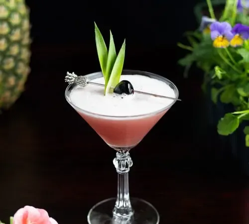 Rosa tropischer Cocktail in einem Martini-Glas mit Ananasblättern.' title=