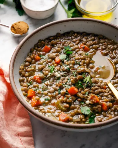 Receita de Sopa de Lentilha em tigela com colher.