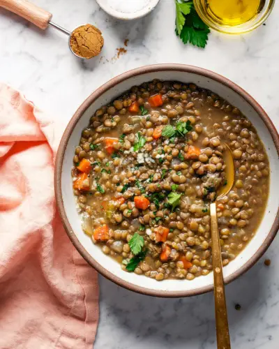 Receita de sopa de lentilha em tigela com cominho e azeite ao fundo.