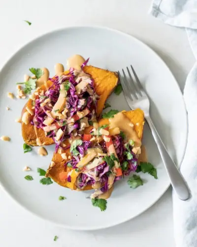 Batata doce com molho tailandês de manteiga de amendoim