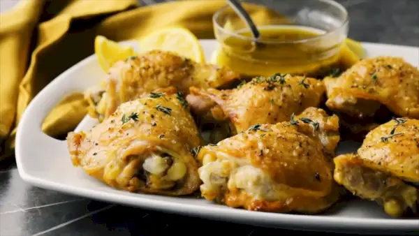 Mit Zitrone und Knoblauch gebackene Hähnchenschenkel