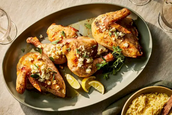 Prato de coxas de frango com limão, orégano e queijo feta