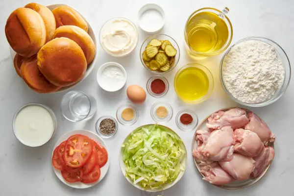 Ingredientes para hacer sándwiches de pollo frito súper crujientes