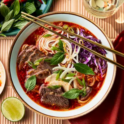 Zuppa di vermicelli vietnamita con carne di manzo tagliata