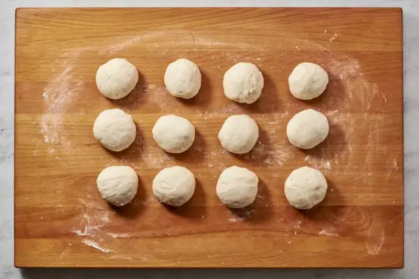 Una tabla de cortar enharinada con doce pequeñas porciones de masa.