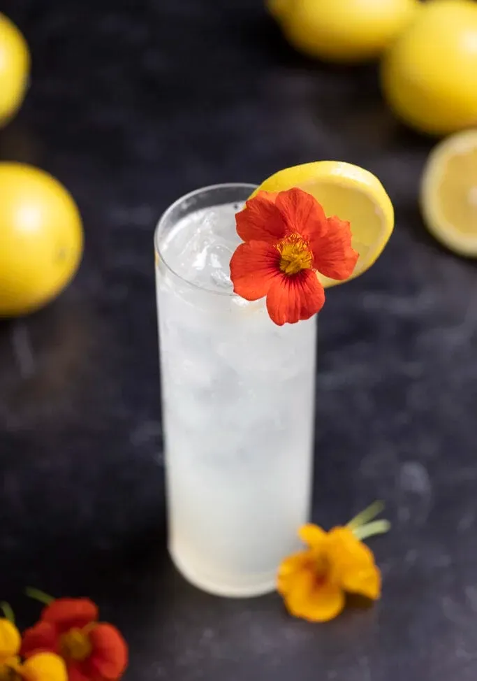 cóctel alto adornado con flor de capuchina de naranja.' title=