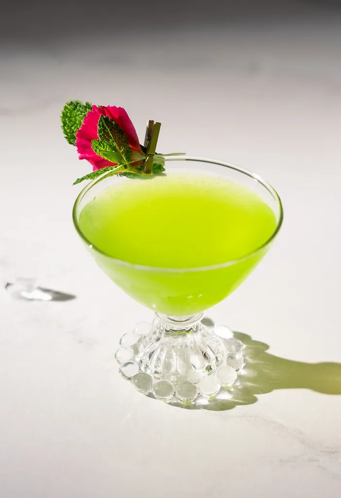 vista dall'alto del cocktail verde neon su un tavolo bianco guarnito con foglie di menta e un petalo di fiore rosa attaccato al bordo con una piccola molletta.' title=