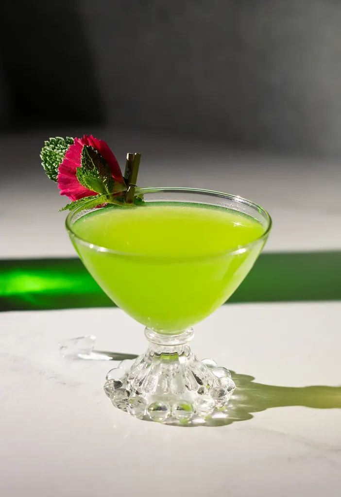 cocktail verde neon in un bicchiere da coupé corto con foglie di menta e un petalo di fiore rosa.' title=