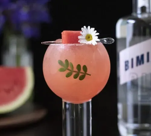 un cóctel rosa en una copa de vino con globos adornado con sandía y una hoja de kinome' title=