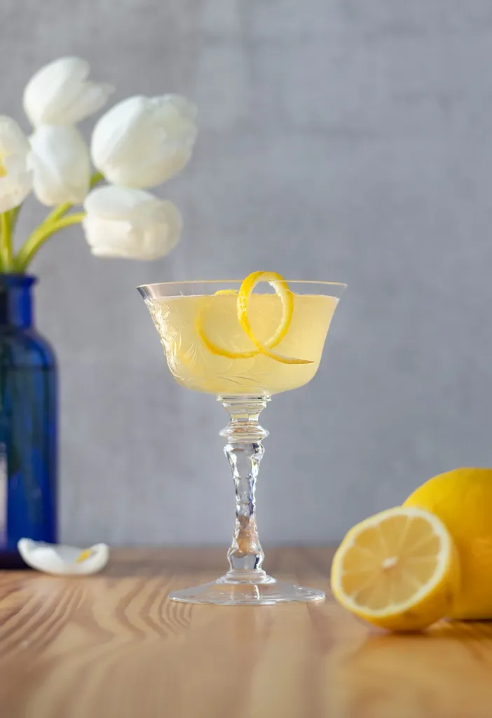 Bledožltý kokteil vo vintage pohári vedľa vázy s bielymi tulipánmi.' loading='lazy' title=
