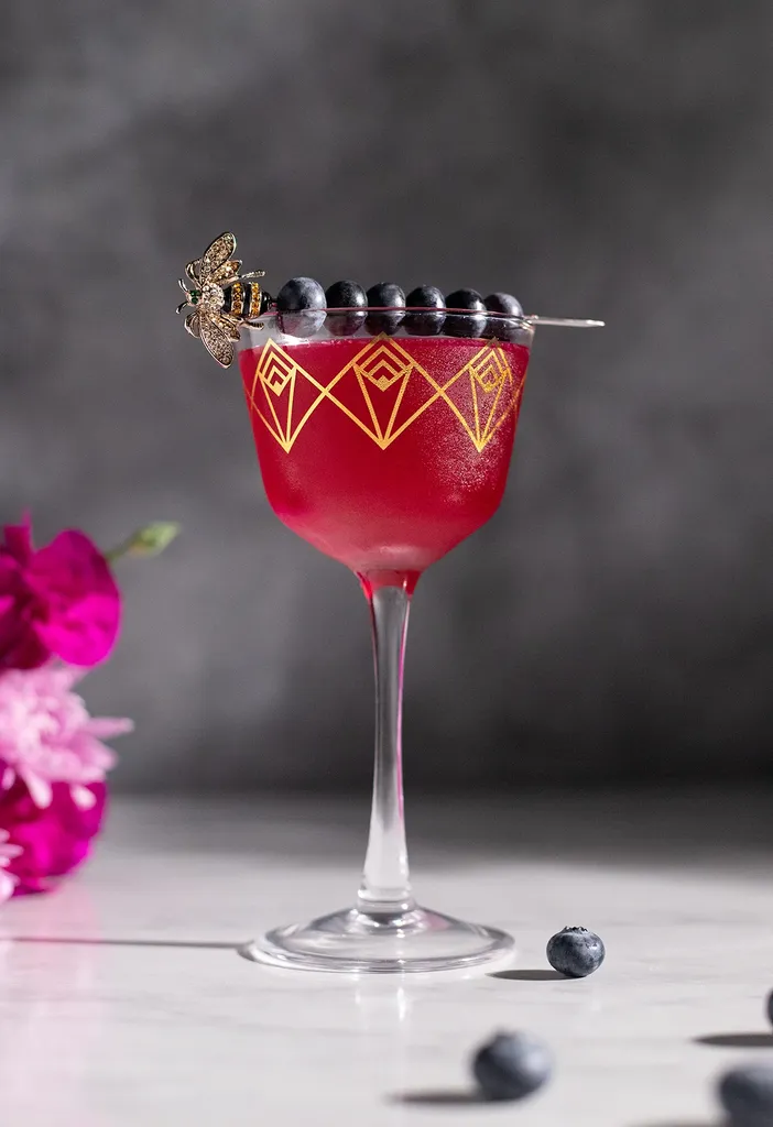 červený kokteil v efektnom pohári na stopke zdobený čučoriedkami.' title=