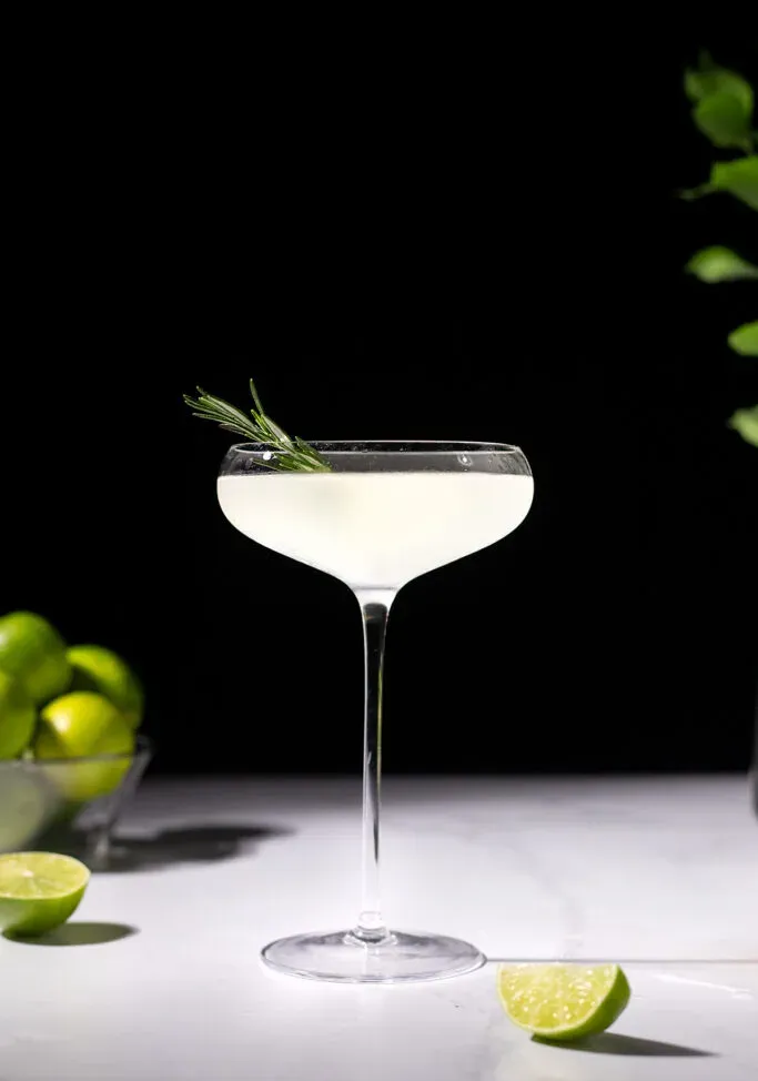 un cocktail clair dans un grand verre coupé avec une branche de romarin.' loading='lazy' title=