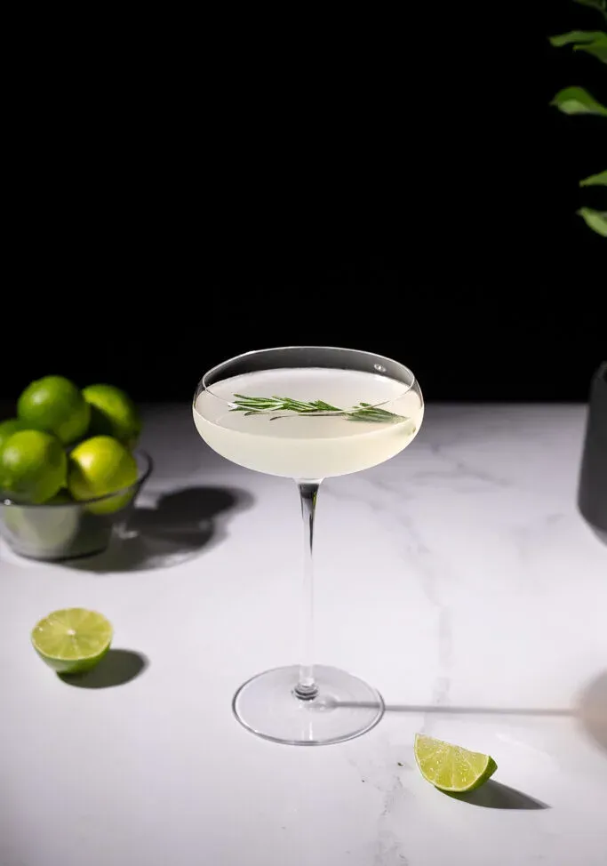 un cocktail dans un grand verre coupé à pied avec un brin de romarin à côté de citrons verts tranchés.' title=